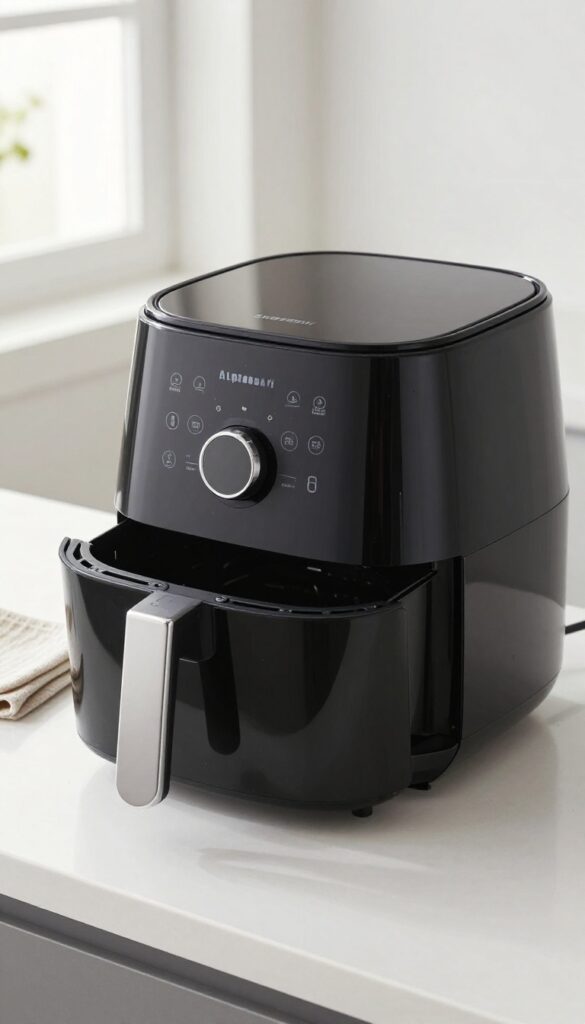 Clean air fryer exterior with control panel and cloth on kitchen counter