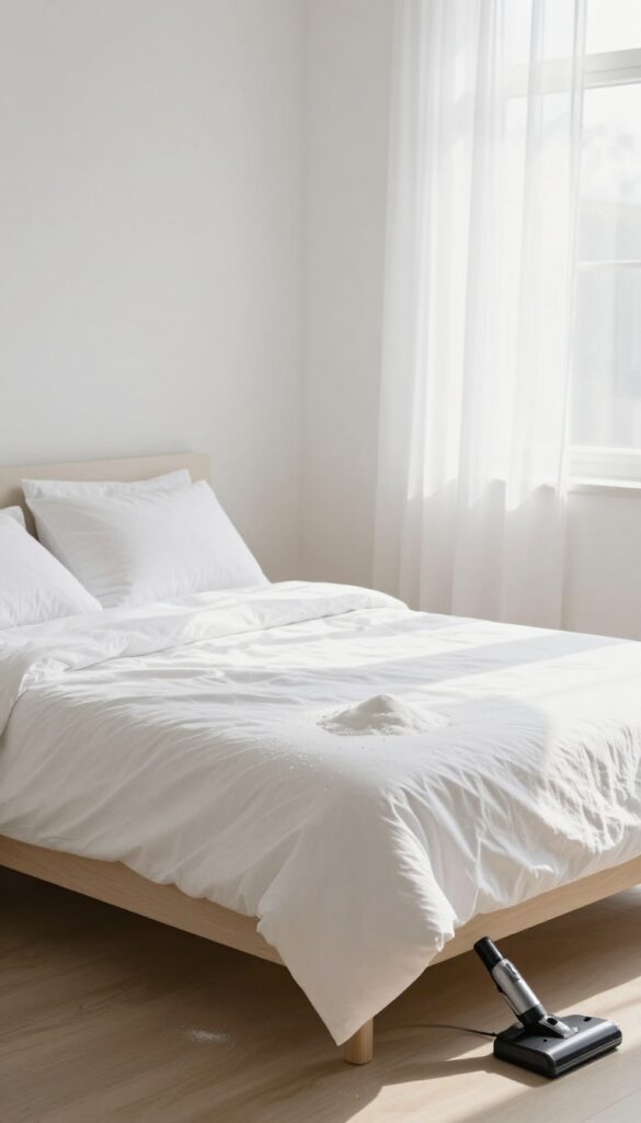 A bed with white linens and baking soda sprinkled on the mattress, with a vacuum cleaner nearby, in a sunlit bedroom