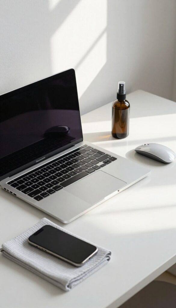Clean electronics and tech gadgets on a desk with cleaning tools