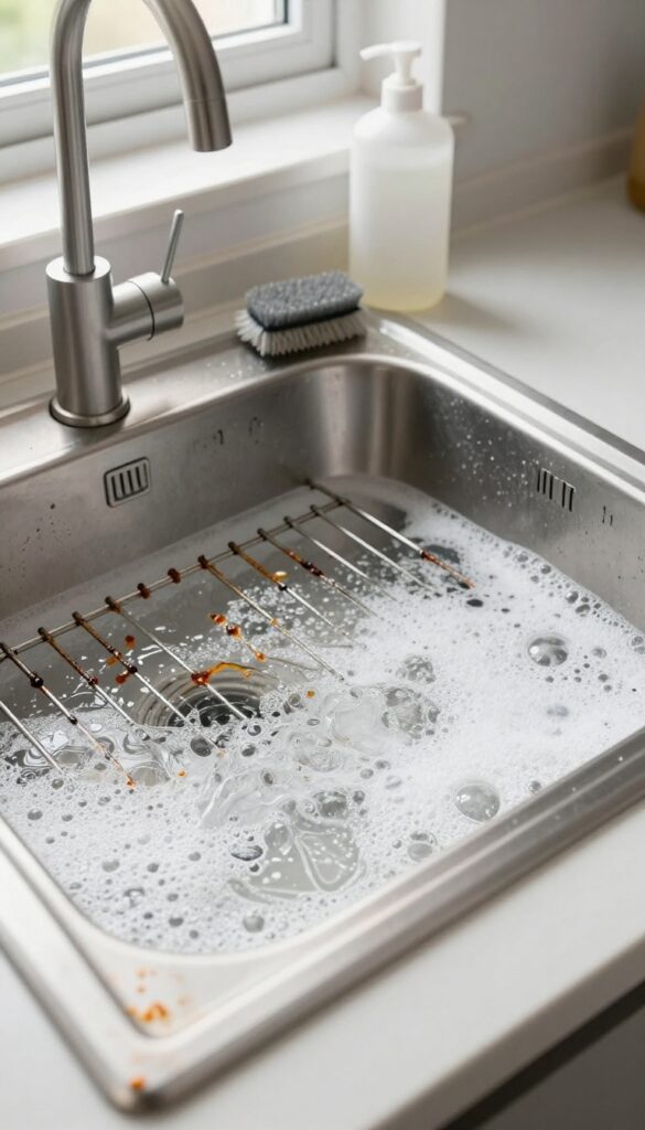 Oven racks soaking in hot soapy water in a kitchen sink with dish soap and scrub brush nearby