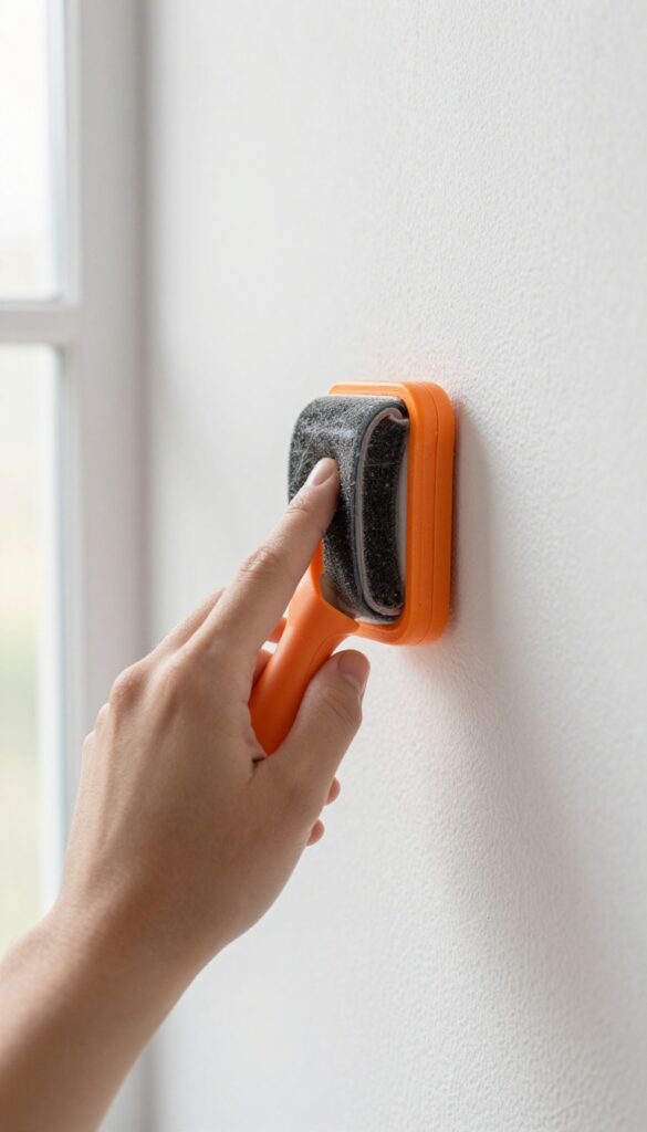 Person using a lint roller to remove dust from a textured wall