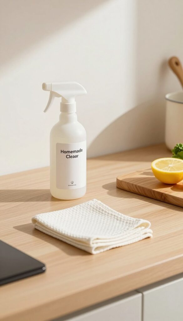 Kitchen countertop with a DIY all-purpose cleaner spray bottle and a microfiber cloth in natural light.