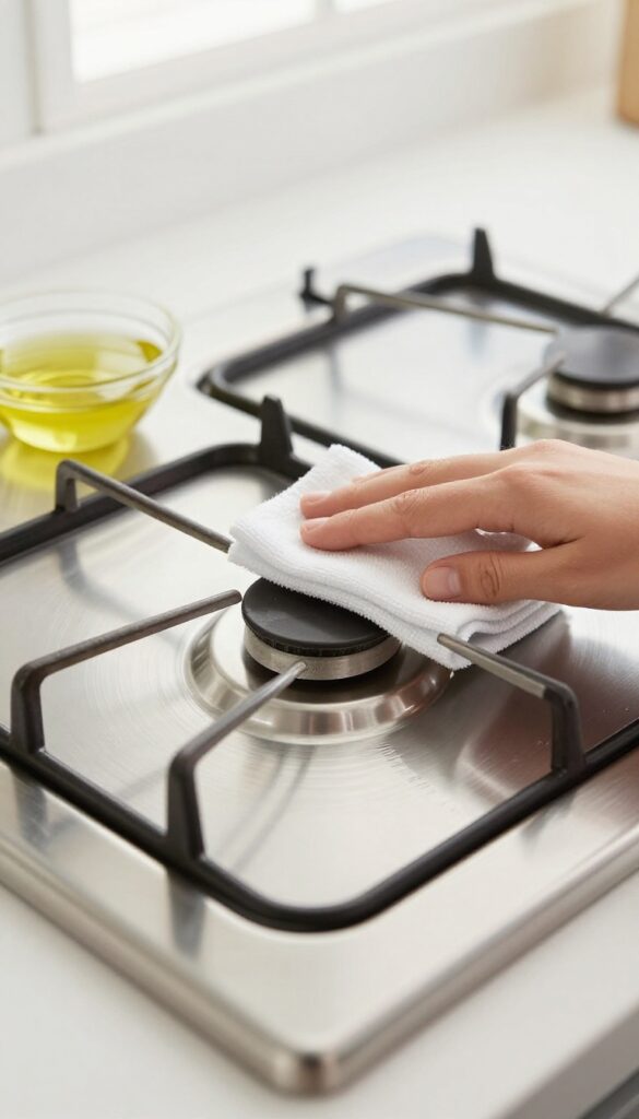 Person polishing a stainless steel stove top with olive oil using a microfiber cloth, showing a streak-free shine.