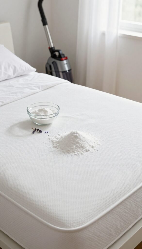 Baking soda sprinkled on a mattress for odor absorption
