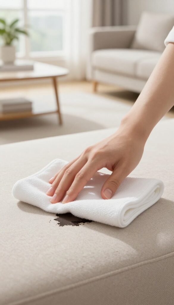 Hand blotting a spill on a beige couch with a white cloth