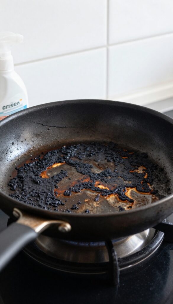 Burnt nonstick pan with oven cleaner spray bottle on kitchen counter