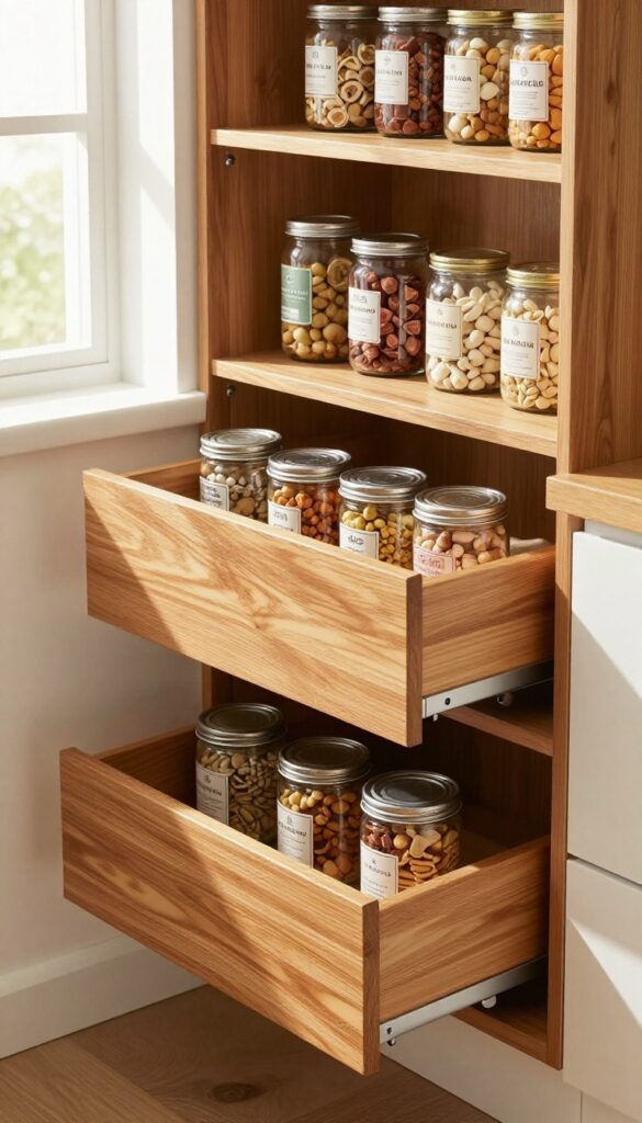 Pull-out drawers in a pantry, fully extended showing organized canned goods and jars.
