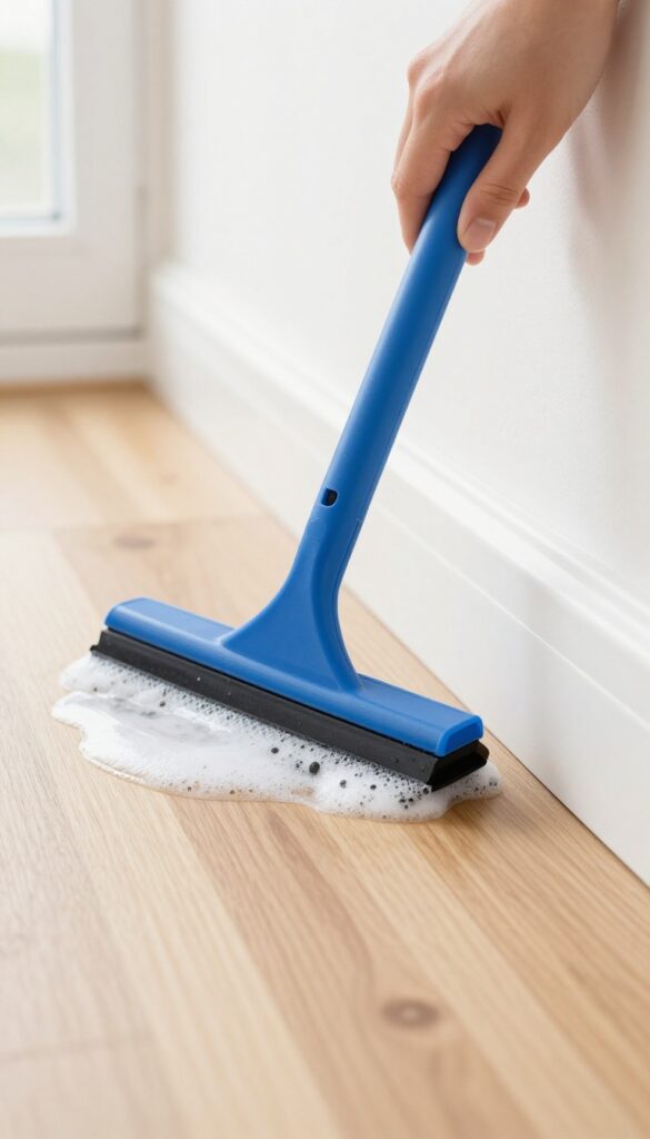 Person using a squeegee to clean a white baseboard, removing dirt and cleaning solution in one smooth motion.