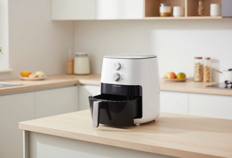 Clean air fryer on kitchen counter with sparkling interior