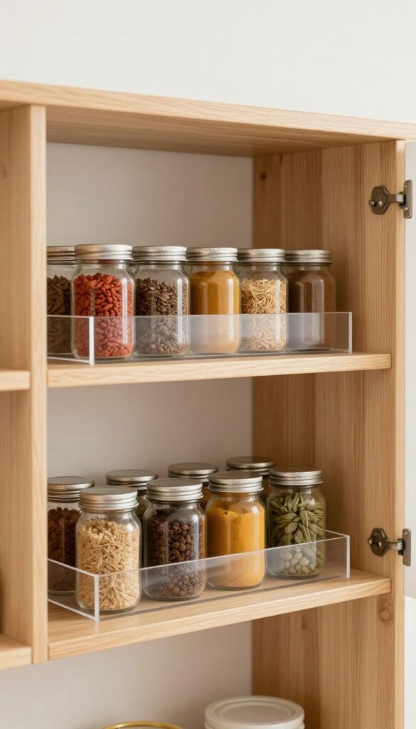Open pantry shelf with clear acrylic risers holding spice jars and cans, organized in tiers, bright natural lighting, clean and calm kitchen design.