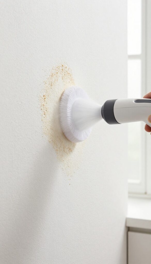 Steam cleaning a textured wall with a handheld steamer and soft brush attachment