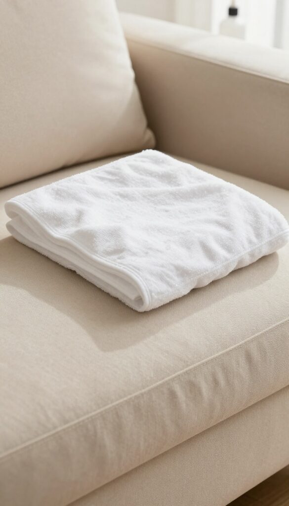 Blotting a damp upholstery cushion with a white cloth to avoid over-wetting
