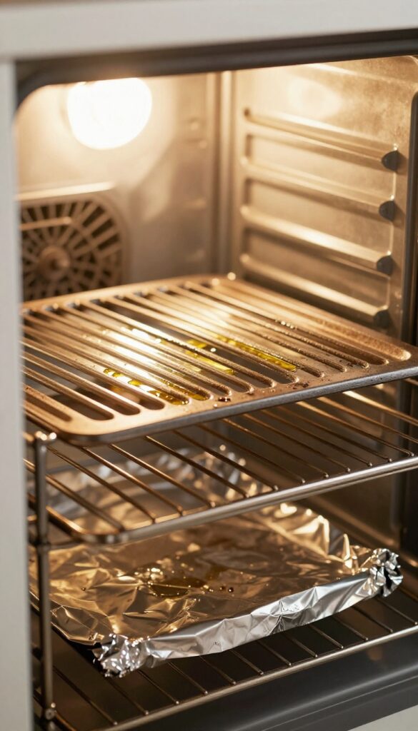Cast iron stove grates upside down on oven rack, coated with oil, baking to create a protective seasoning layer.
