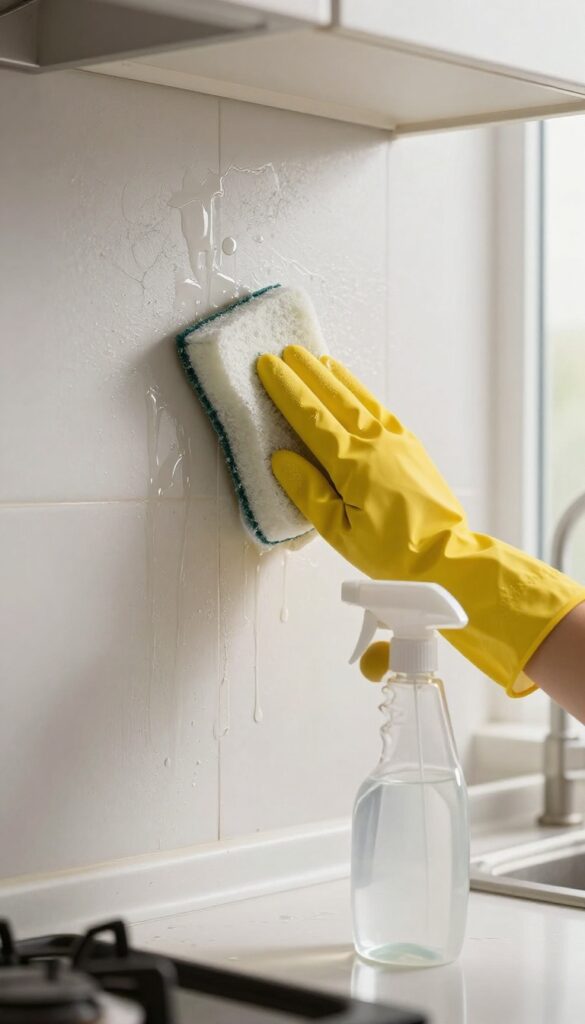Hand wiping greasy kitchen wall with ammonia solution, rubber glove, spray bottle nearby