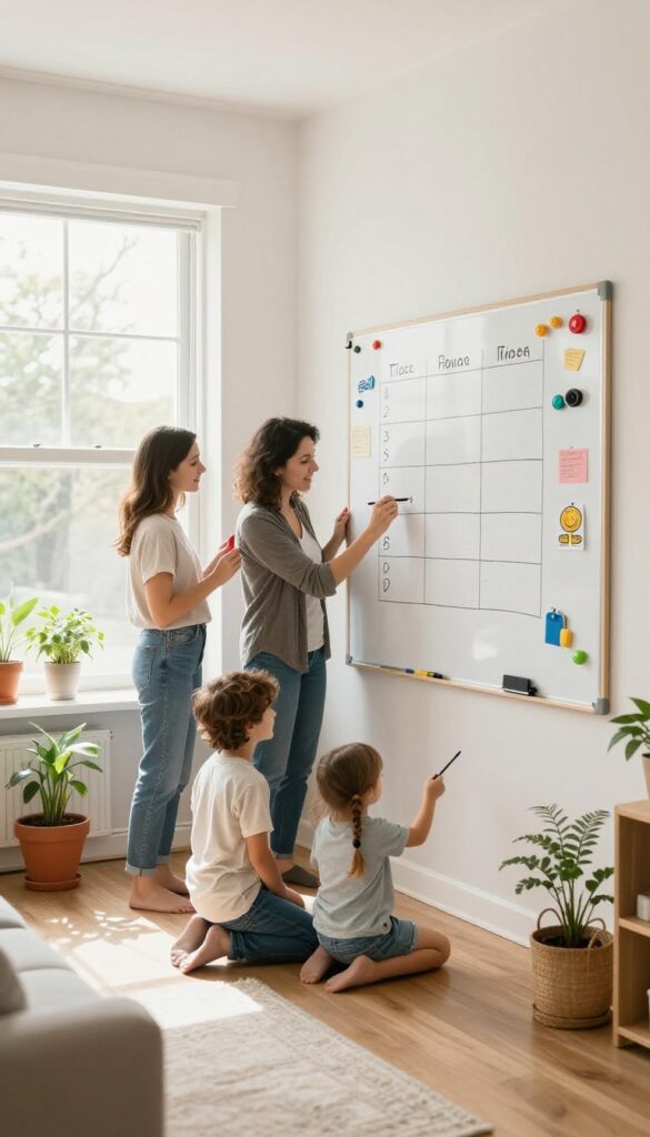 Family gathered around a chore chart in a bright living room, checking off tasks together.