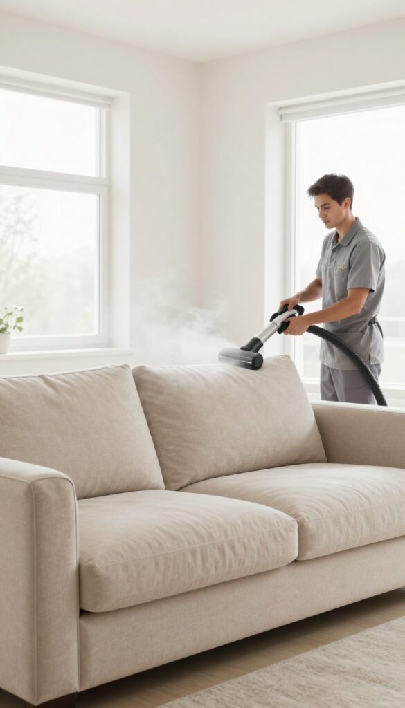 Professional upholstery cleaning with steam machine on a beige sofa in a bright living room