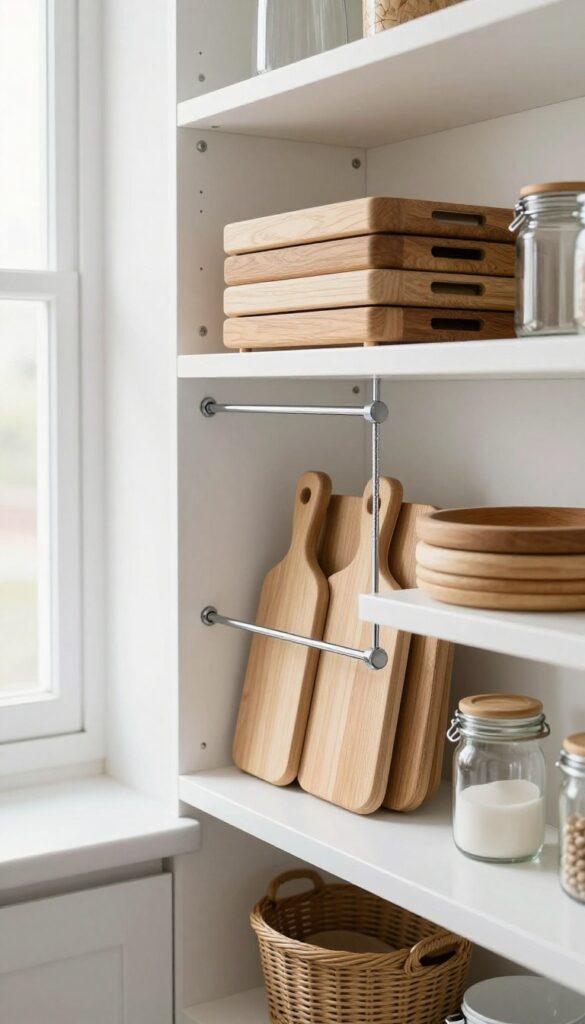 Deep shelf pantry with tension rods separating cutting boards and baking sheets upright, organized and clean.