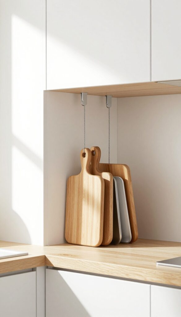 Vertical tension rod holding cutting boards and baking sheets upright in a kitchen cabinet