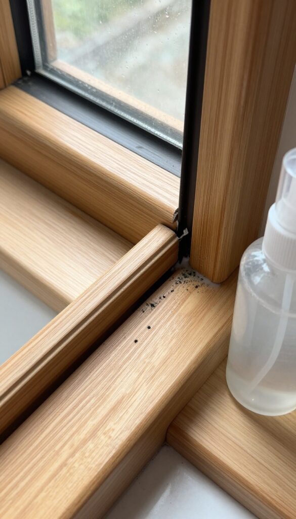 Hydrogen peroxide spray bottle next to moldy window frame in bright bathroom