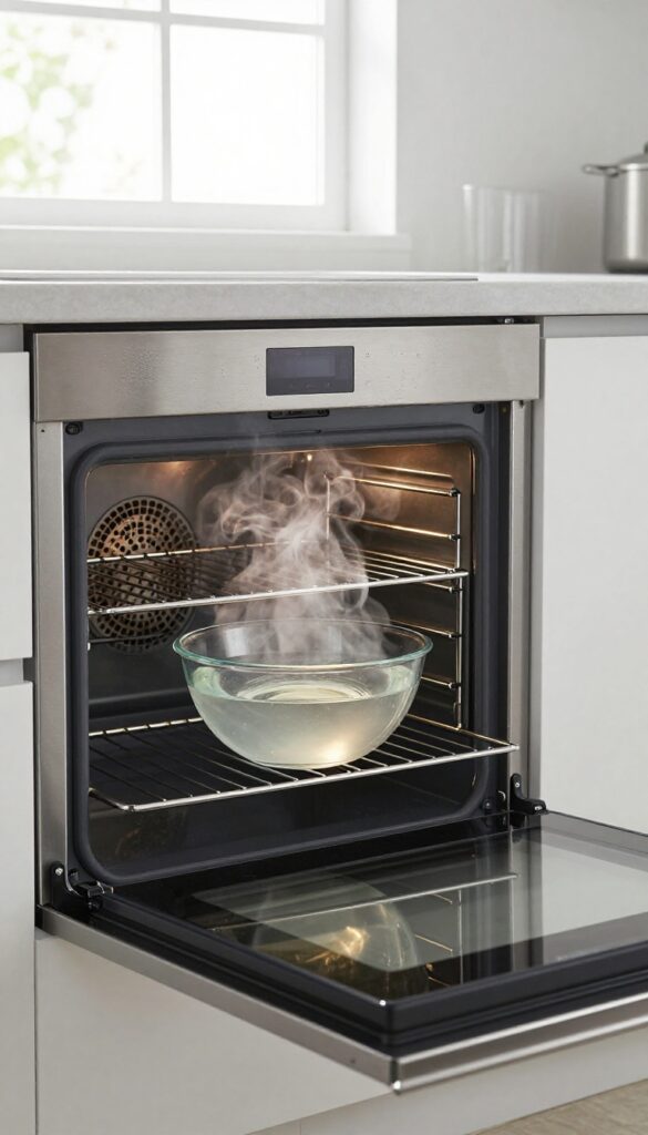 Steam cleaning an oven with a bowl of water and vinegar