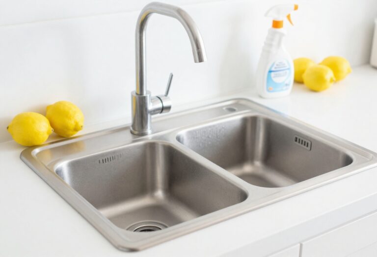 Clean shiny stainless steel sink with lemon and baking soda cleaning supplies