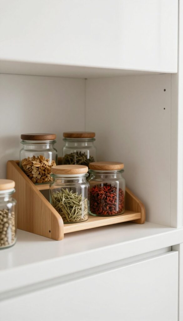 Inside a kitchen cabinet door with a mounted spice rack holding jars of spices