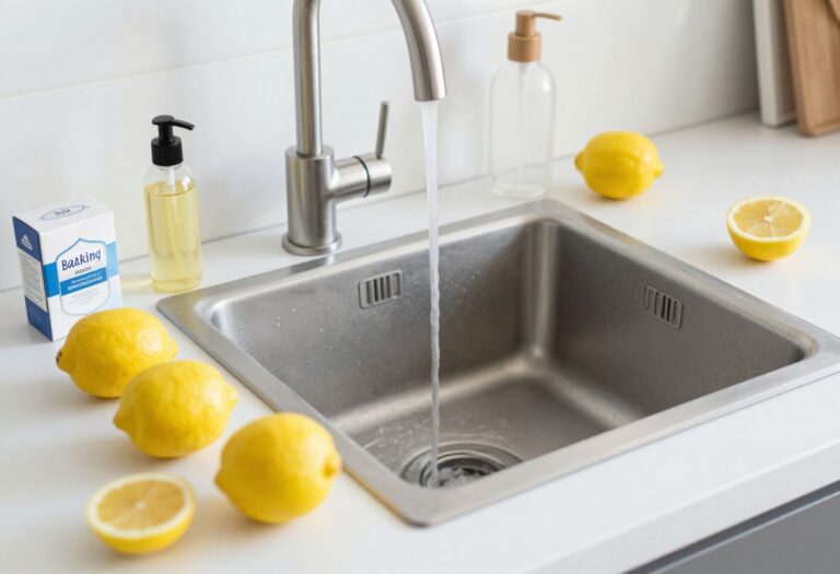 Kitchen sink with water running and natural cleaning supplies nearby