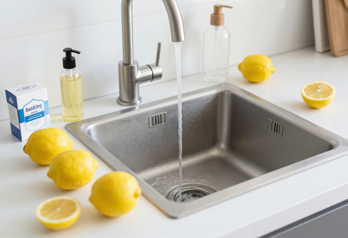 Kitchen sink with water running and natural cleaning supplies nearby