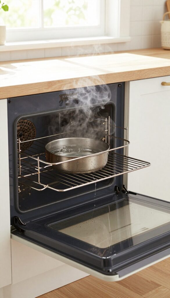 Steam cleaning oven racks with a pan of water in a bright kitchen