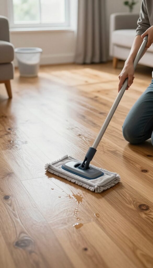 Person mopping laminate wood floors with a microfiber mop in a bright, clean living room