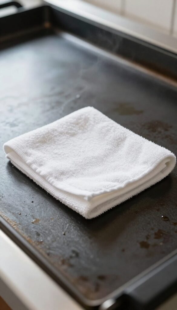 Drying a Blackstone griddle with a towel to prevent rust after cleaning