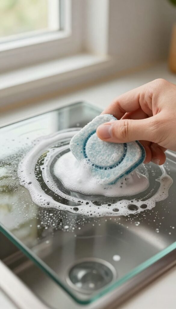 Gloved hand rubbing a damp dishwasher tablet on greasy oven door glass to remove baked-on grease