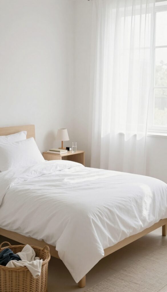 A tidy, serene bedroom after a 15-minute reset, with made bed, organized nightstands, and clothes put away.