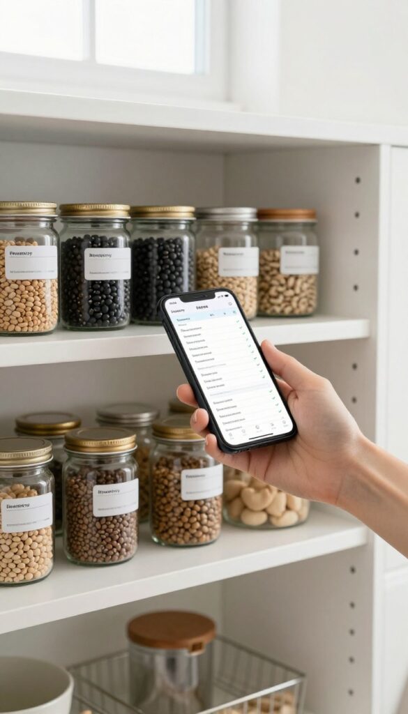 Hand scanning a barcode on a can of black beans with a smartphone in a bright, organized pantry.