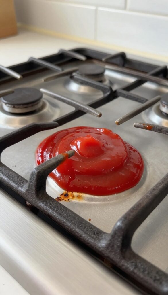 Gas stove grate with ketchup applied to rust spots