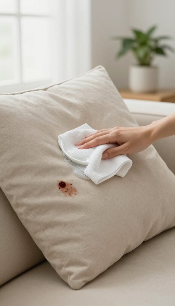 Cleaning a fresh blood stain on a beige fabric couch with a white cloth and cold soapy water in bright natural light.