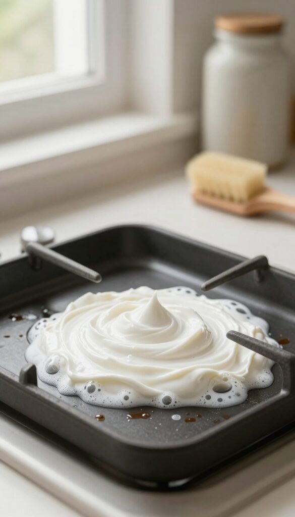 Applying cream of tartar and hydrogen peroxide paste to a greasy gas stove grate