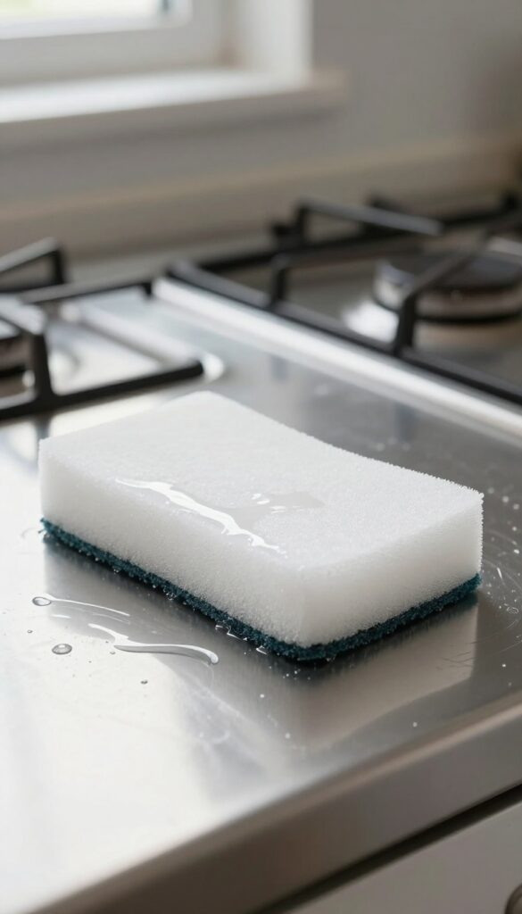 Melamine sponge cleaning a stainless steel stove top with natural light