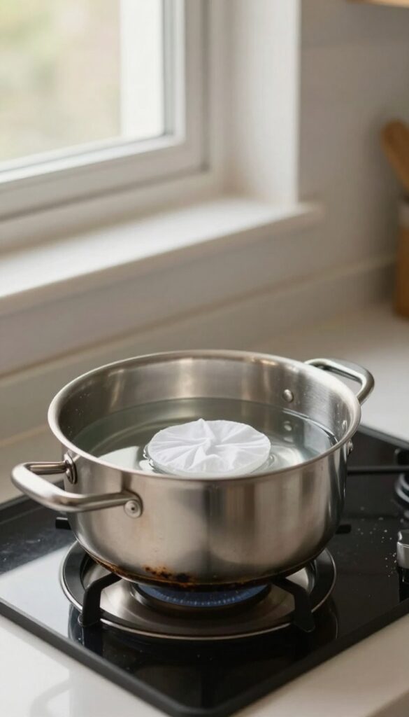Stainless steel pan soaking with a dryer sheet to remove burnt residue.