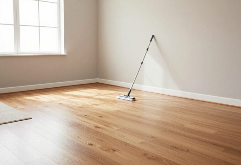 Clean hardwood floor with a microfiber mop and area rug in a sunlit living room