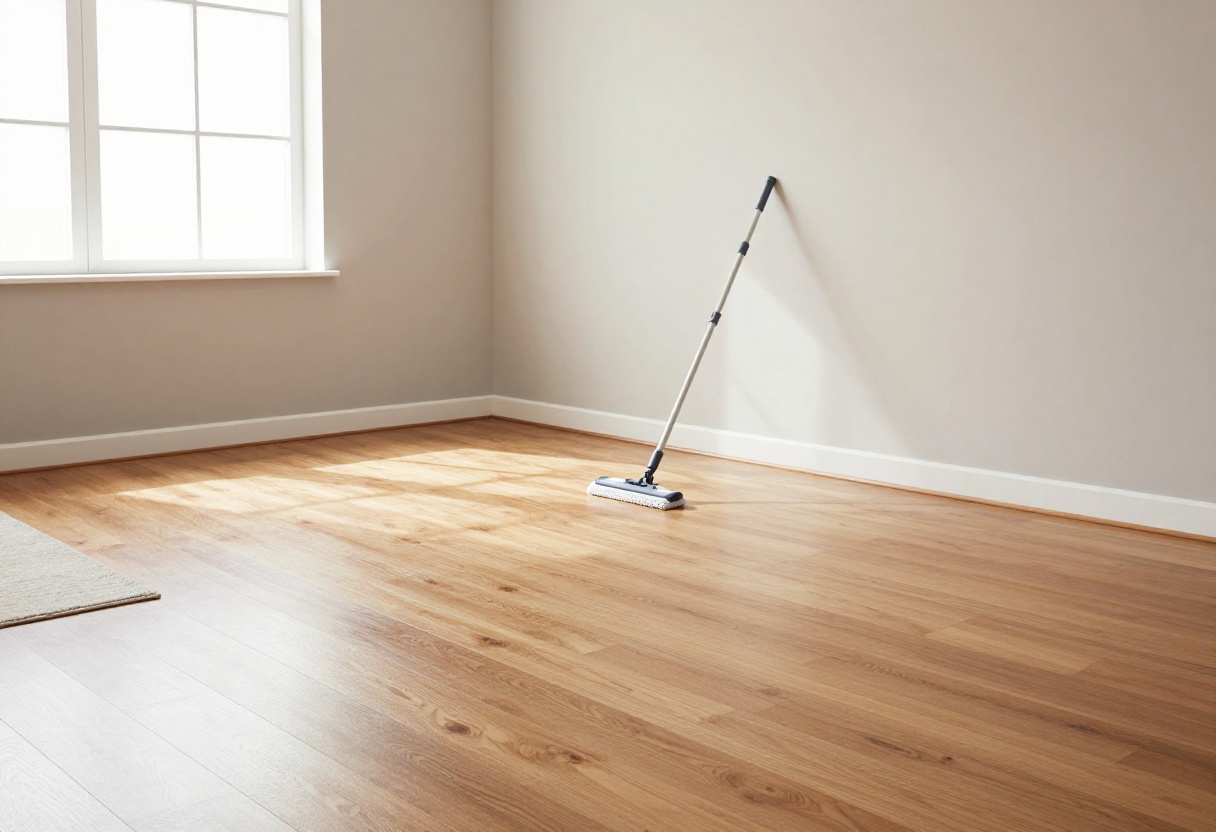 Clean hardwood floor with a microfiber mop and area rug in a sunlit living room