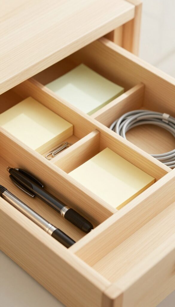 Neatly organized drawer with dividers for pens, chargers, and small items, bright natural light