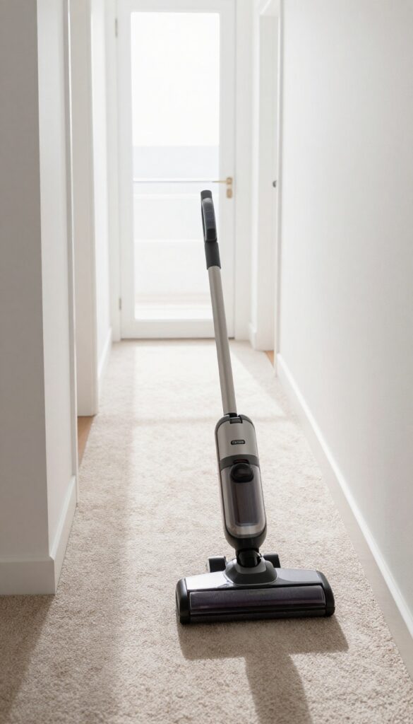 Vacuuming a high-traffic carpeted hallway with a modern vacuum cleaner in bright natural light