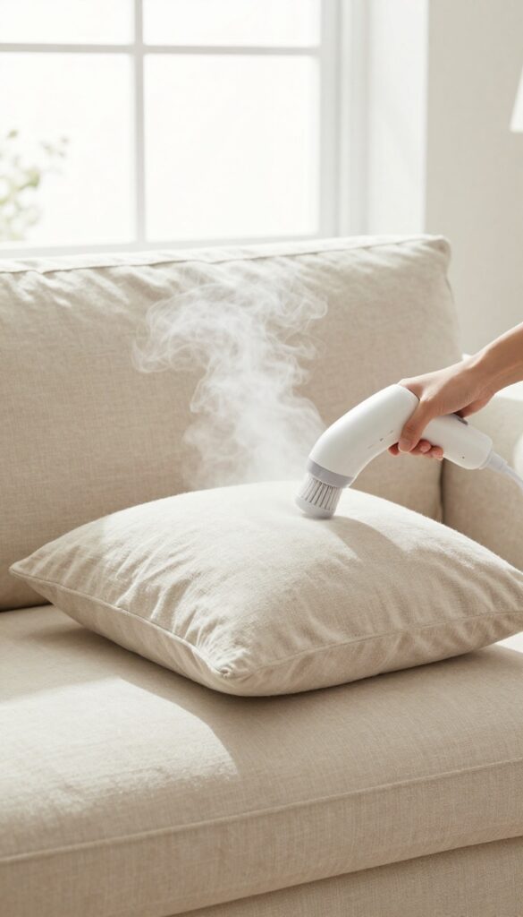 Handheld fabric steamer being used on a beige linen couch in a bright living room, steam rising from the fabric