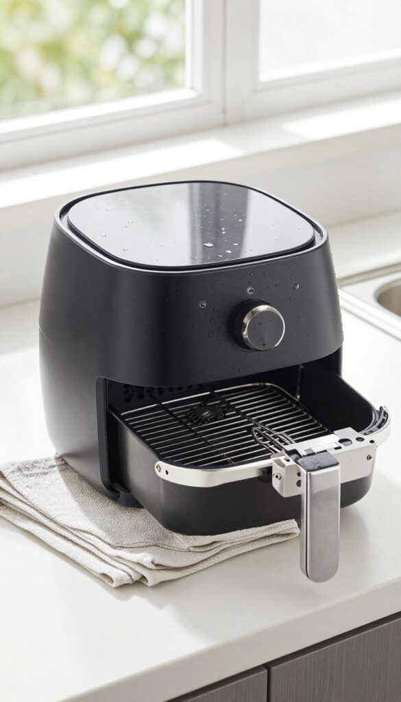Clean air fryer basket and tray drying on a microfiber cloth in bright natural light