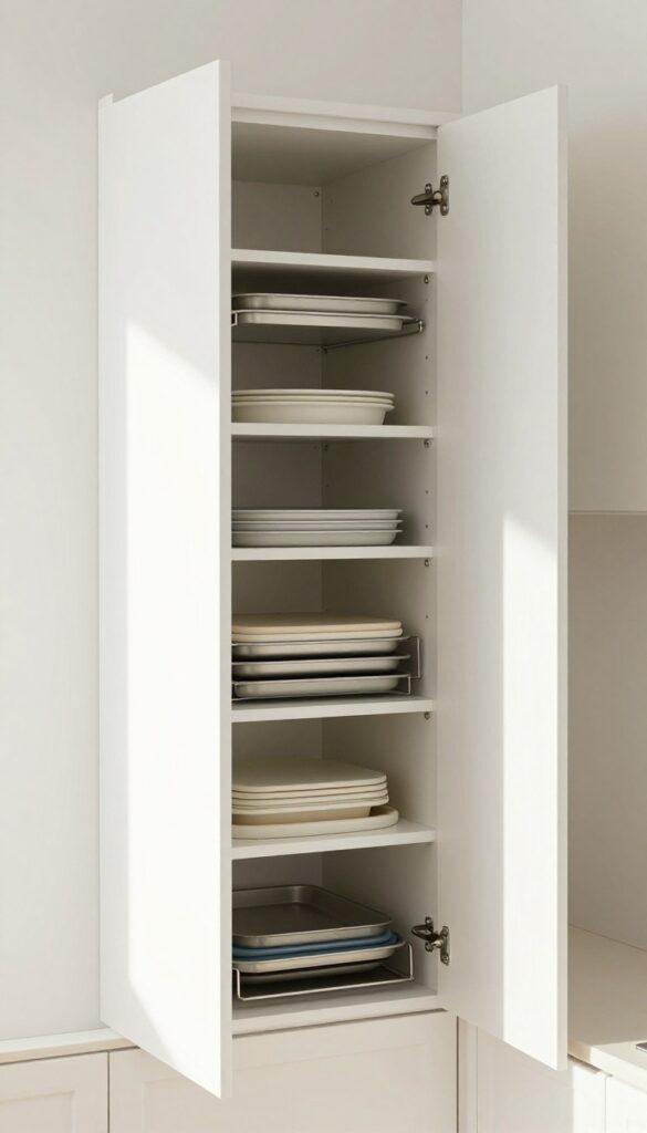Open tall pantry cabinet with adjustable vertical dividers holding baking sheets and cutting boards upright