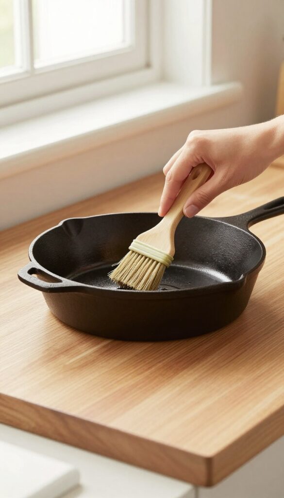 Hand washing a cast iron skillet with a stiff brush on a kitchen counter