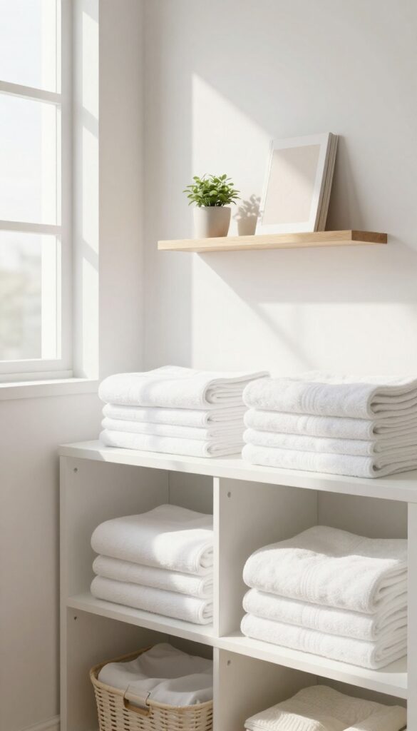 A clean, organized closet zone with neatly folded towels and a plant on a shelf, bathed in natural light.