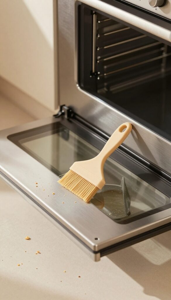 Silicone brush and dustpan on oven floor with crumbs, bright natural light, clean kitchen