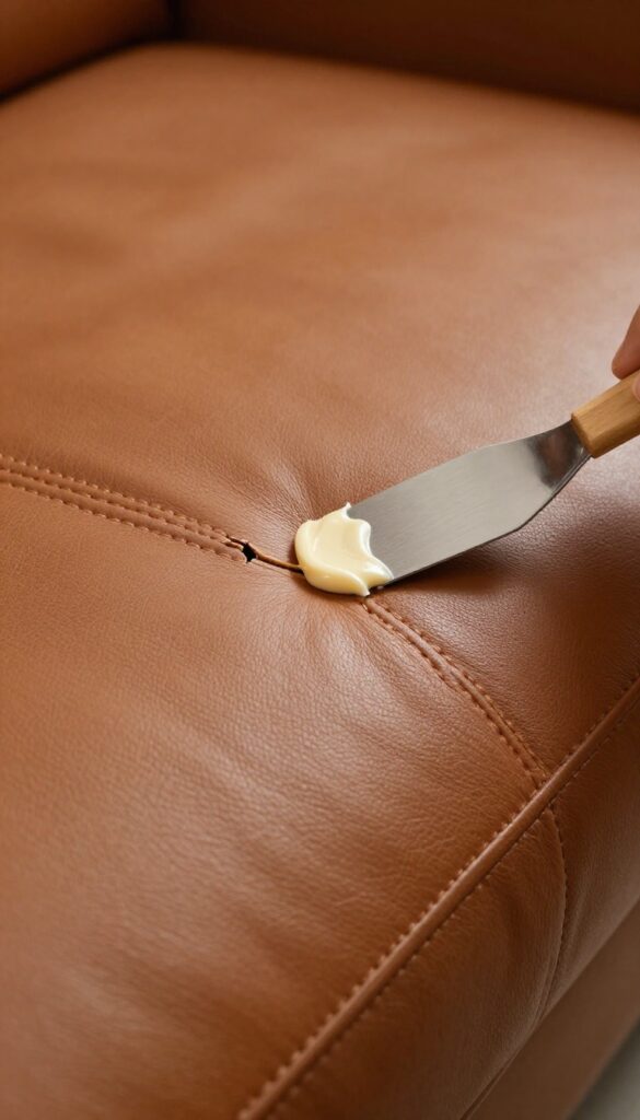 Repairing a small crack on a leather couch with filler using a spatula
